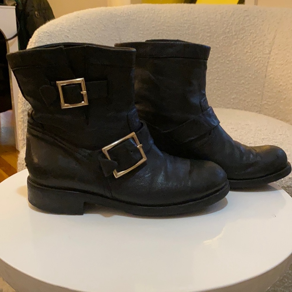 Jimmy Choo Black Leather Buckle Moto Biker Boots - 34.5